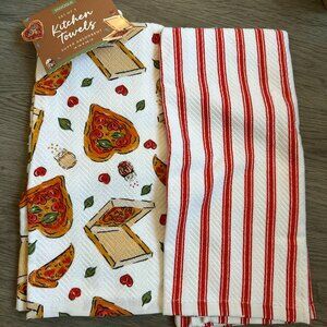 NEW Set of 2 Kitchen Towels - Pizza Hearts - Red & White Stripe - Envogue